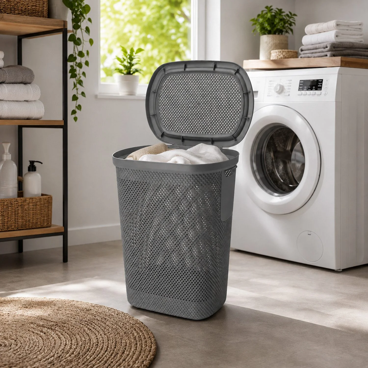 MOJAWO Wäschebox Wäschekorb mit Deckel Grau 58 L