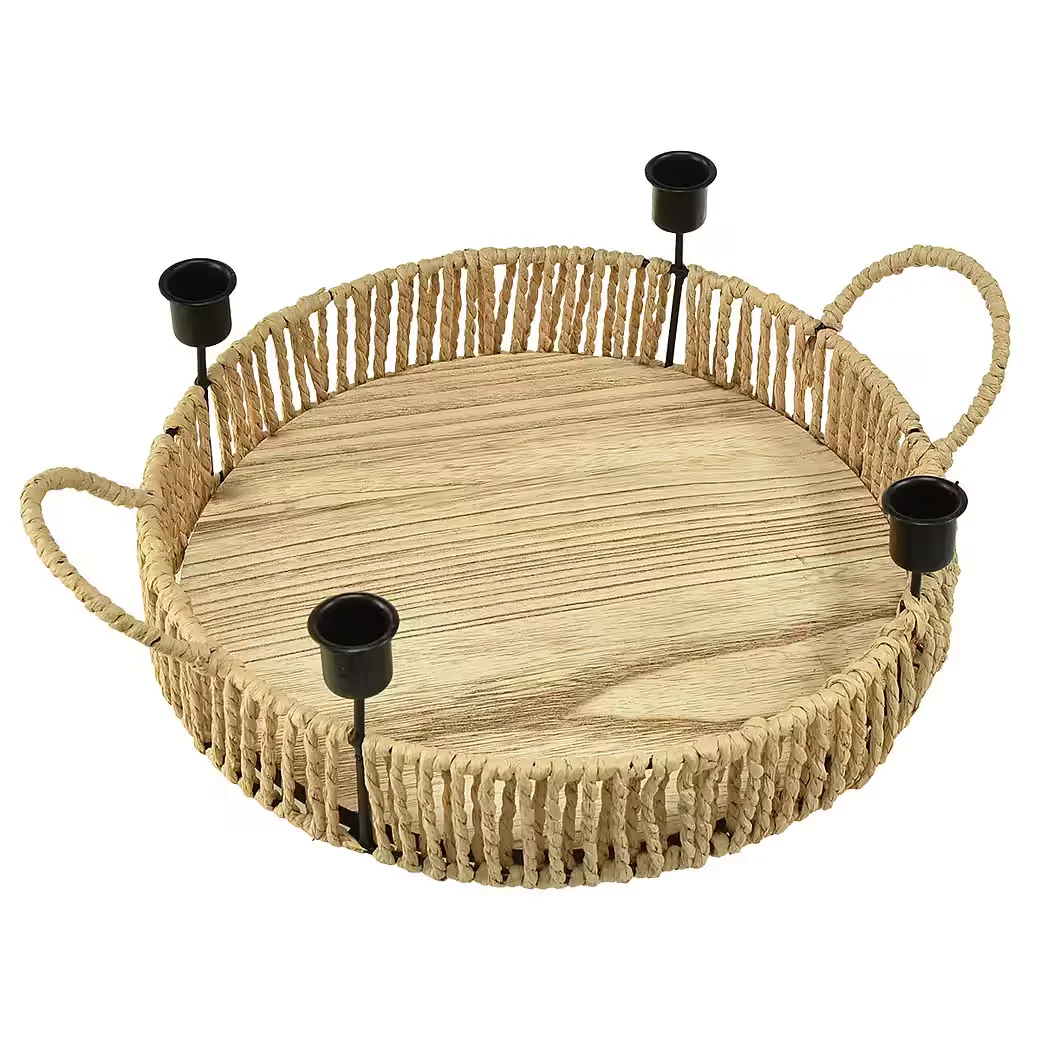 FLORISTS PRODUCTS Dekotablett Holz Natur 30 cm 4 schwarze Kerzenhalter