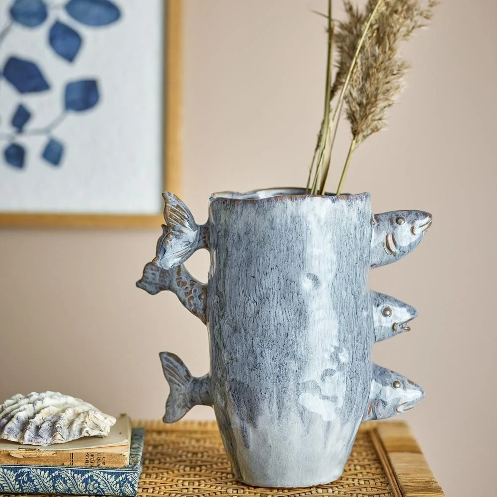 BLOOMINGVILLE Tace Vase blau Steingut Fisch Dekovase Wohnzimmer