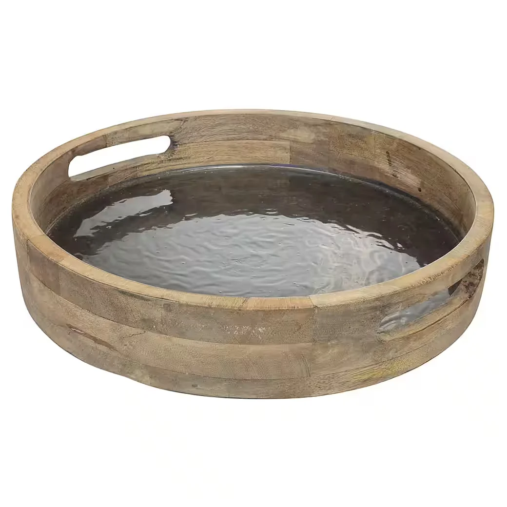 MACOSA HOME Dekotablett Holz Mangoholz Perlmutt 35 cm rund mit Griffen