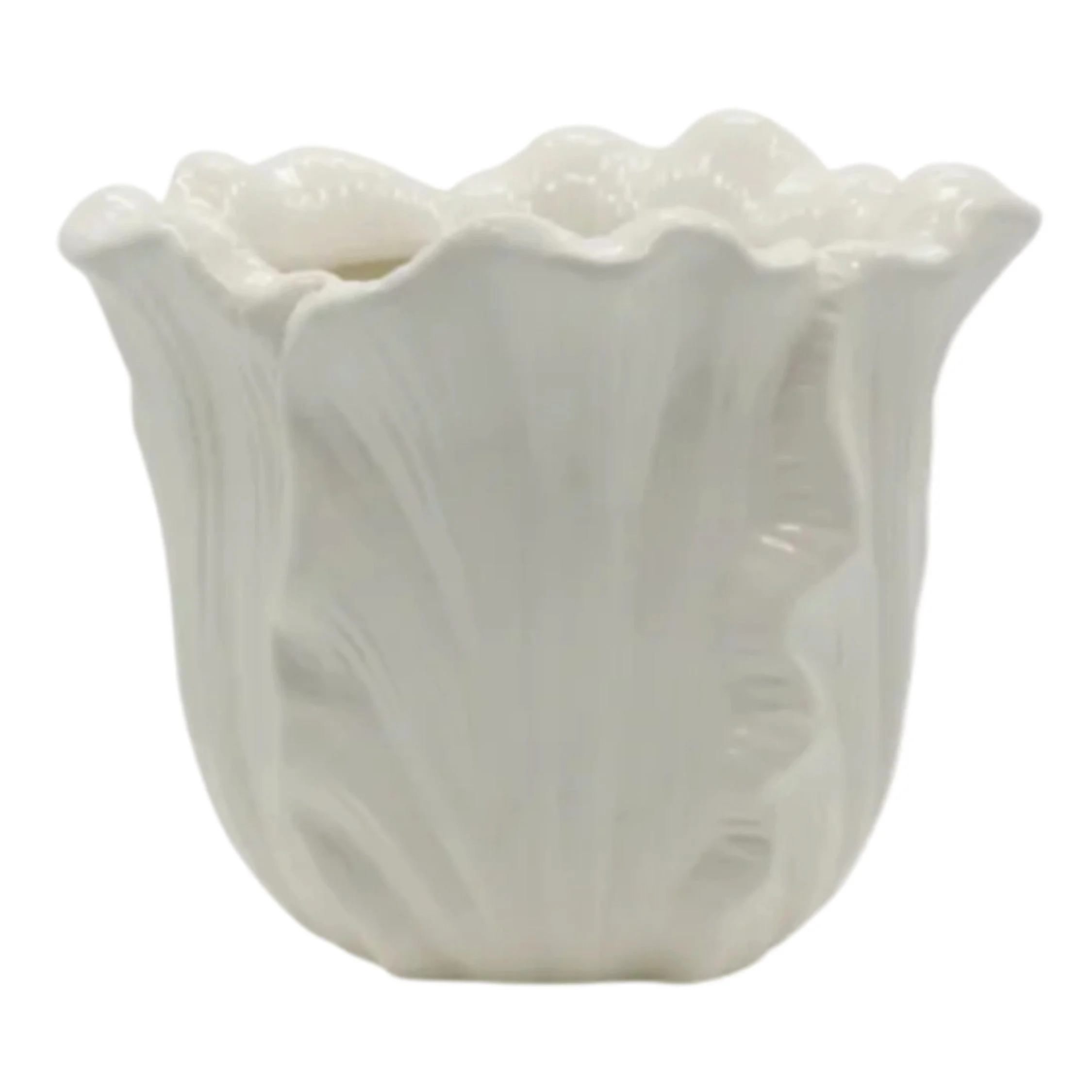 CHIC ANTIQUE Fayence Vase Blumentopf mit Blättern in Creme