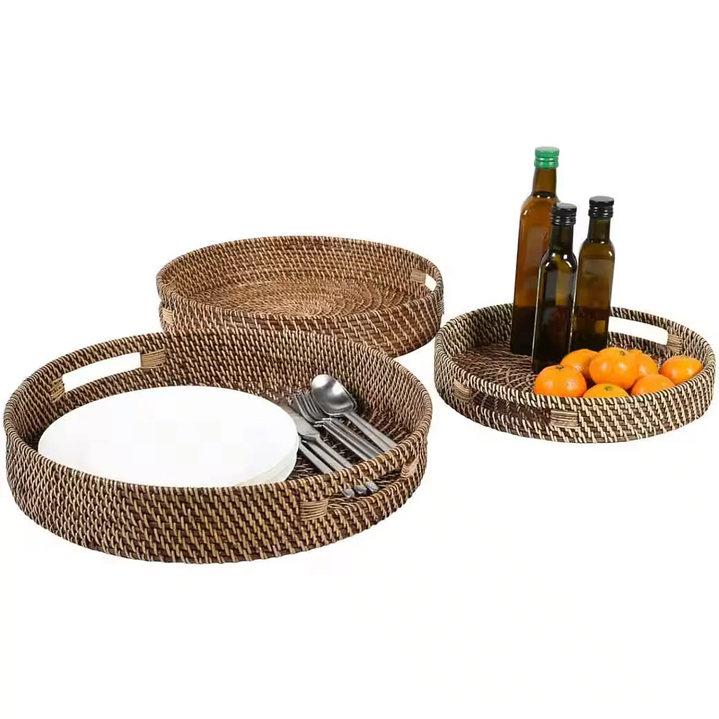 CASAMORO BEA Rattan Serviertablett rund mit Griffen Dekotablett