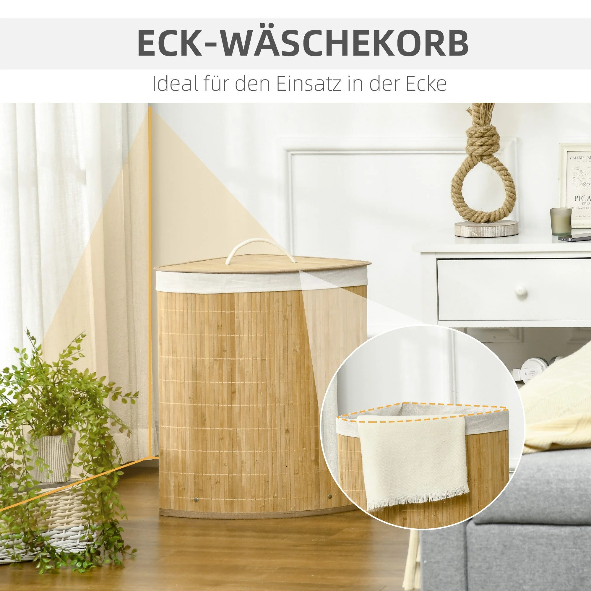 SURFOU Wäschekorb 55L mit Deckel aus Bambus Natur