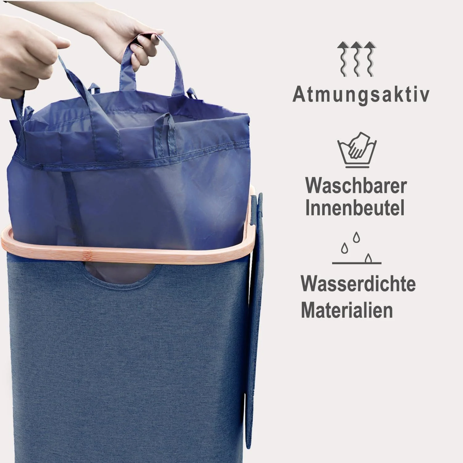 KOWDOM Wäschekorb schmal 100L mit Bambusdeckel und Wäschesack