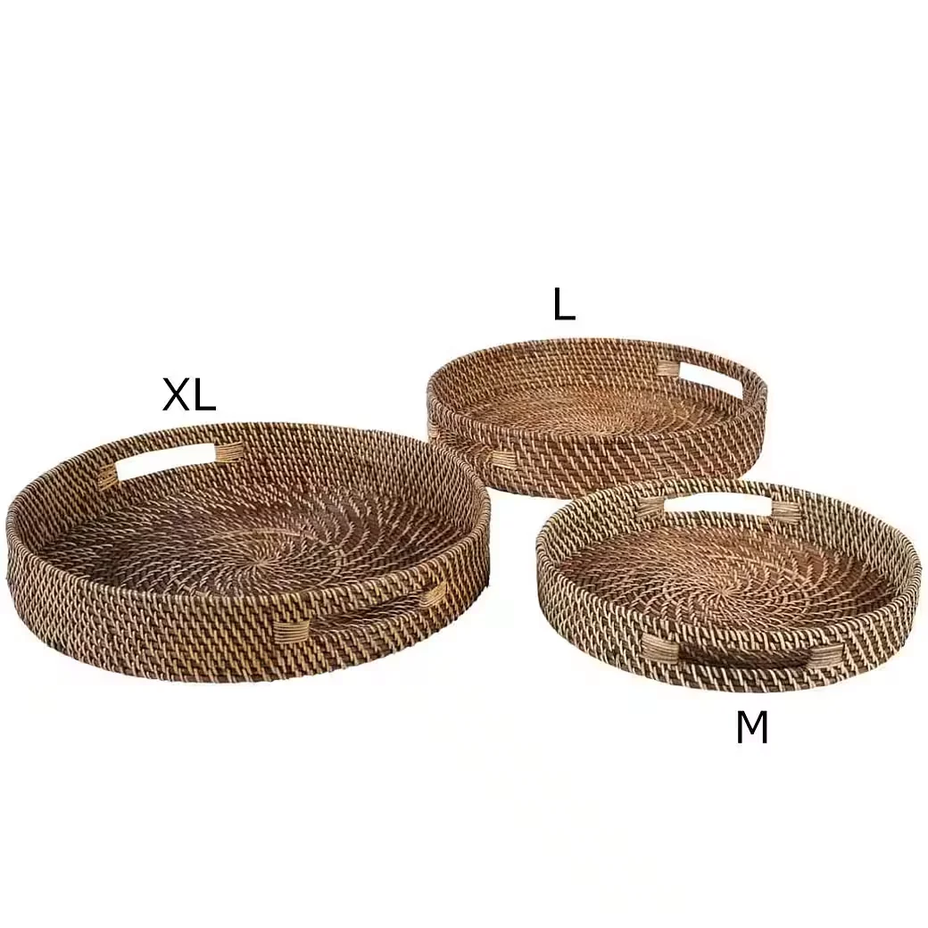 CASAMORO BEA Rattan Serviertablett rund mit Griffen Dekotablett