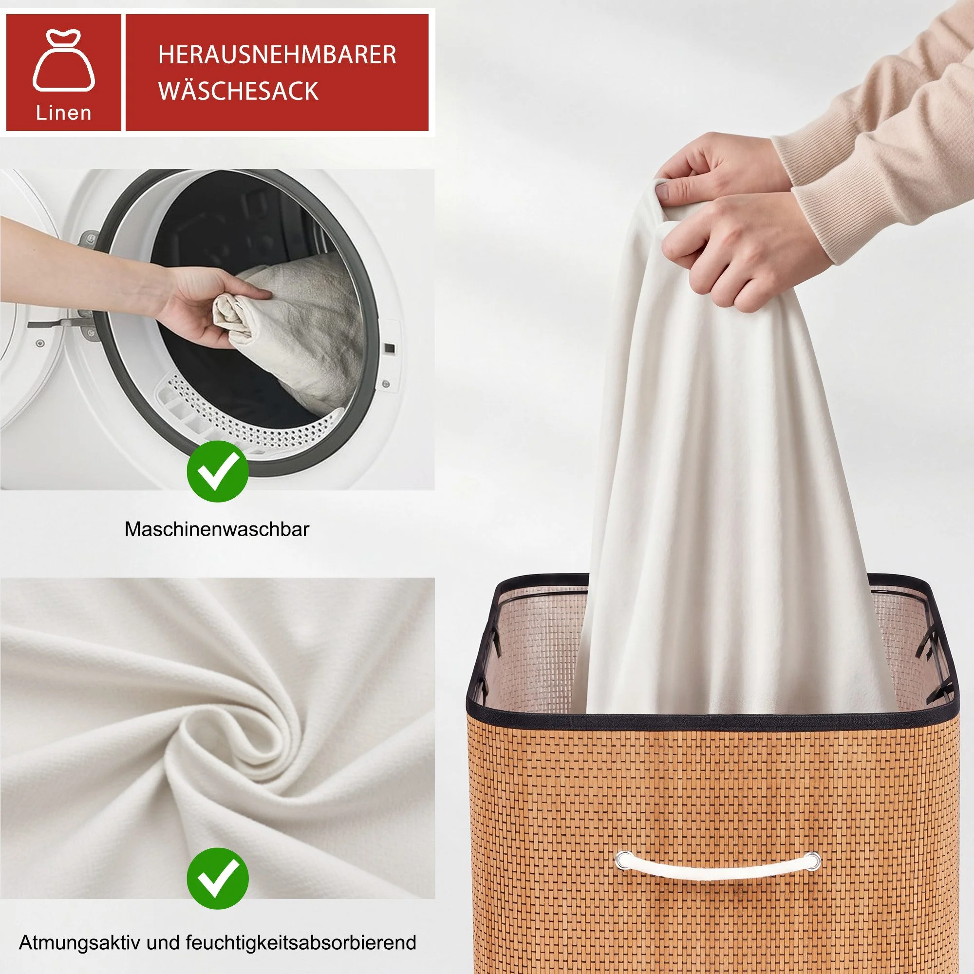 HAUSRIGHT Wäschekorb 150L mit Deckel 3 Fächer faltbar Bambusoptik