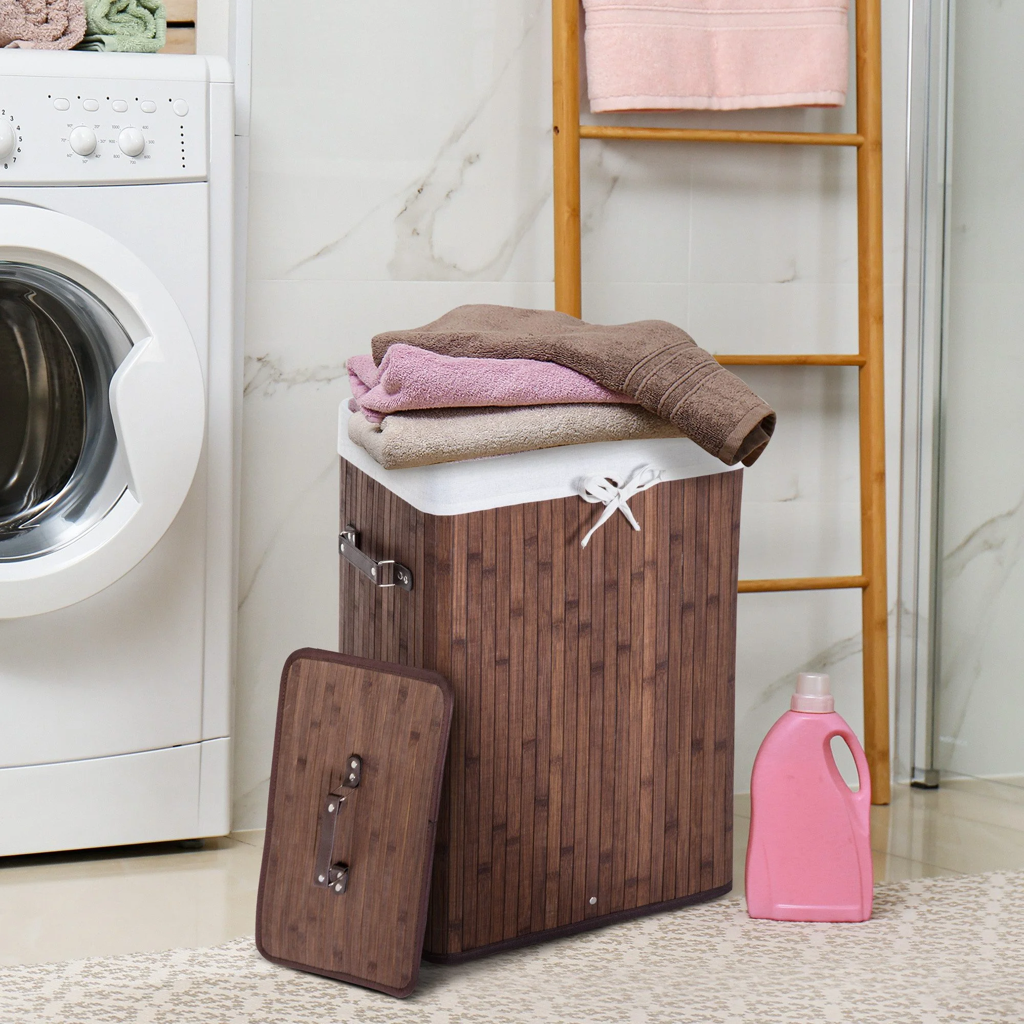 FINE LIFE PRO Wäschekorb 72L faltbar mit Deckel Bambuslook dunkelbraun