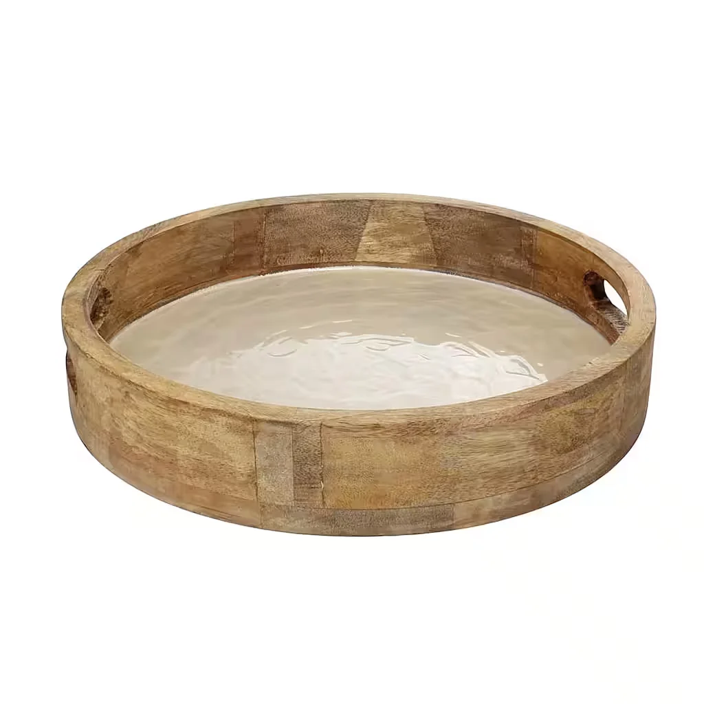 MACOSA HOME Dekotablett Mangoholz Perlmutt rund 35 cm mit Griffen