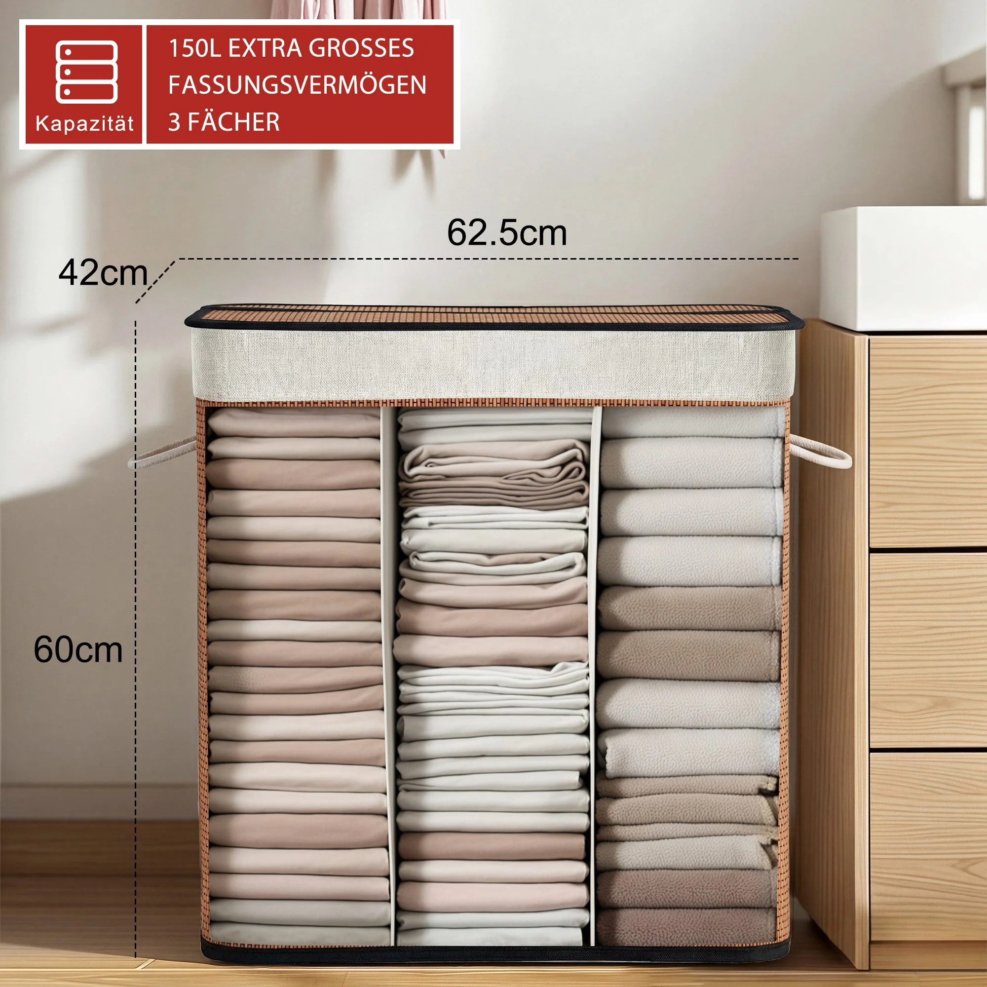 HAUSRIGHT Wäschekorb 150L mit Deckel 3 Fächer faltbar Bambusoptik
