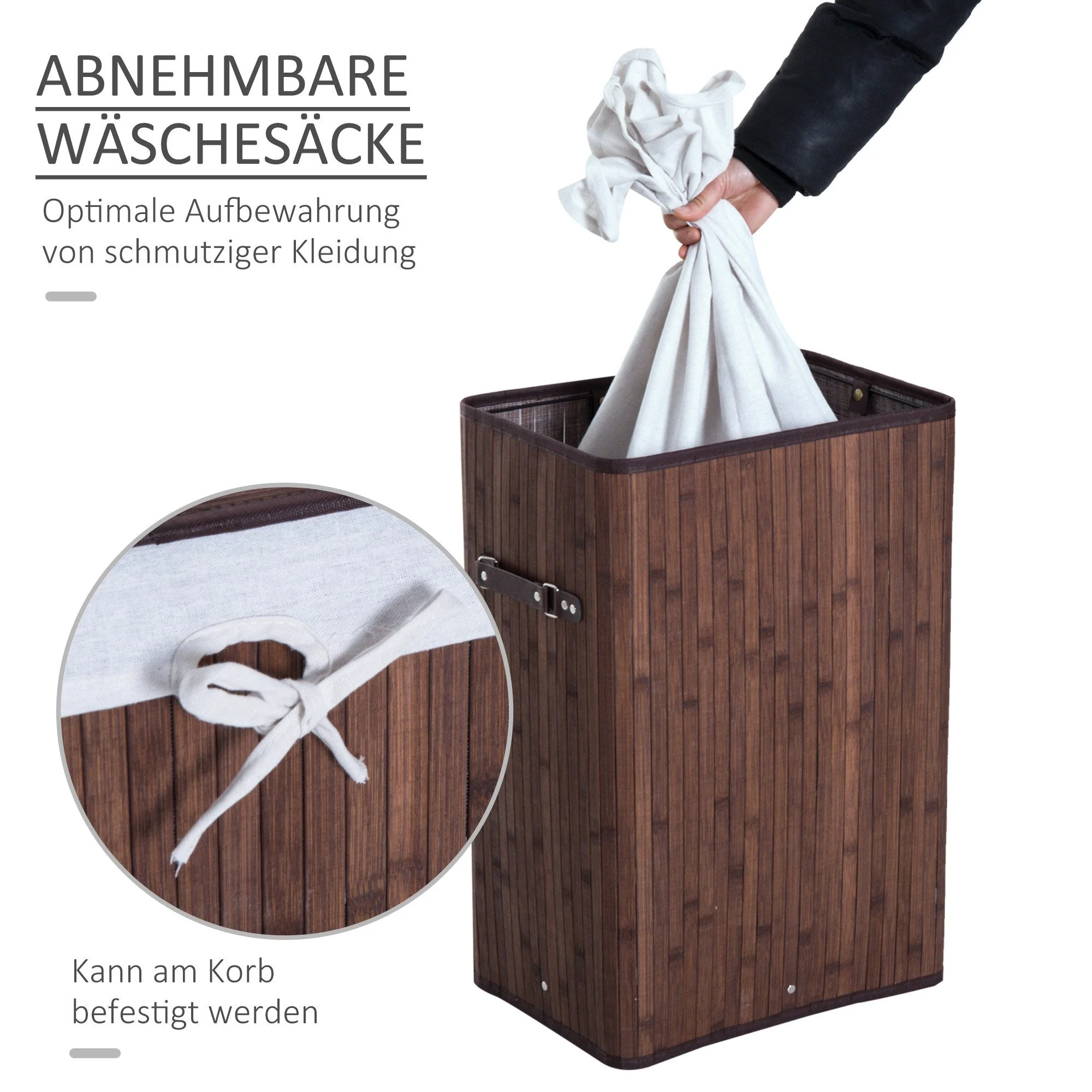 FINE LIFE PRO Wäschekorb 72L faltbar mit Deckel Bambuslook dunkelbraun