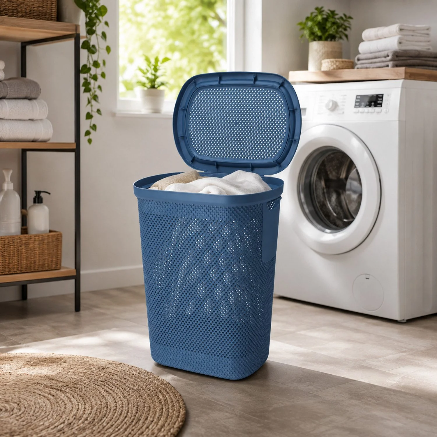 MOJAWO Wäschekorb Wäschebox mit Deckel 58L Blau