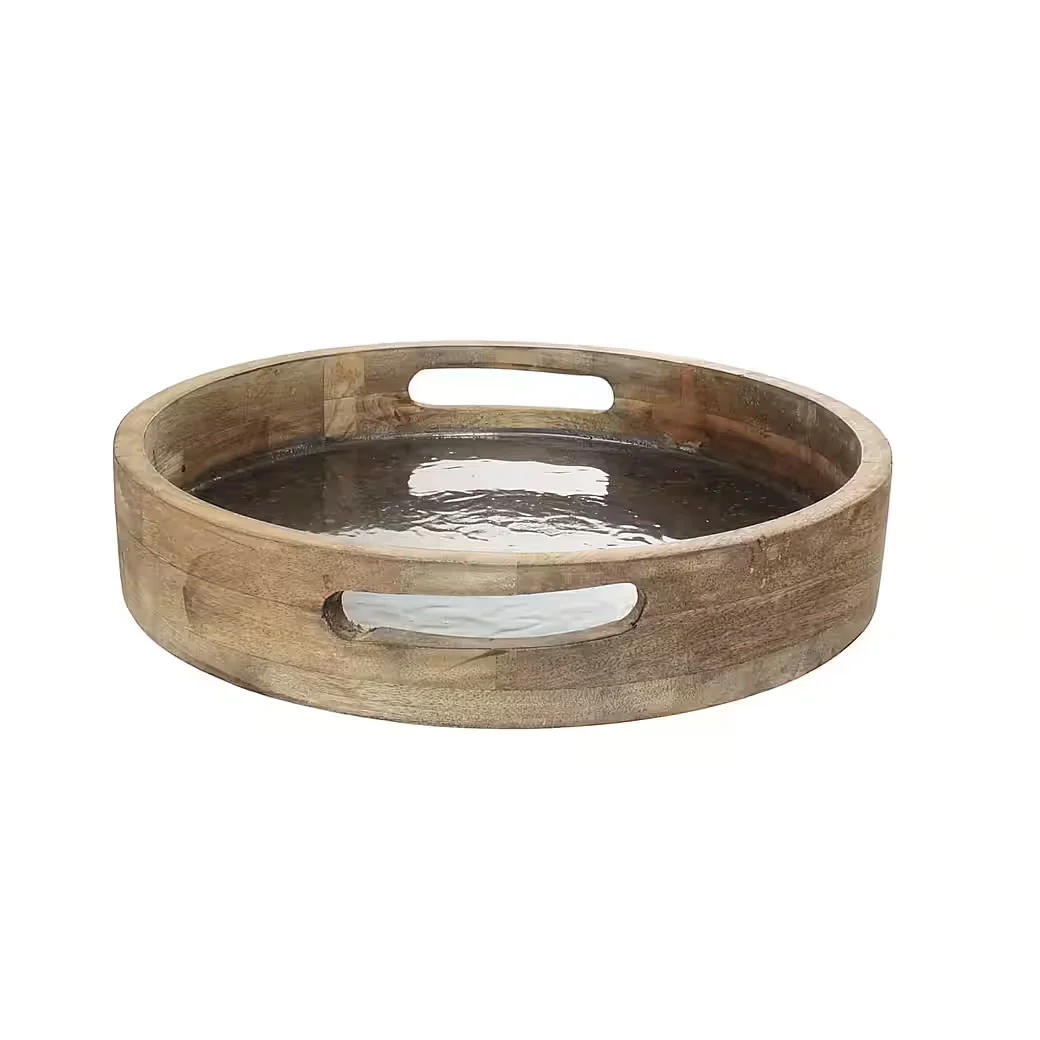 MACOSA HOME Dekotablett Holz Mangoholz Perlmutt 35 cm rund mit Griffen