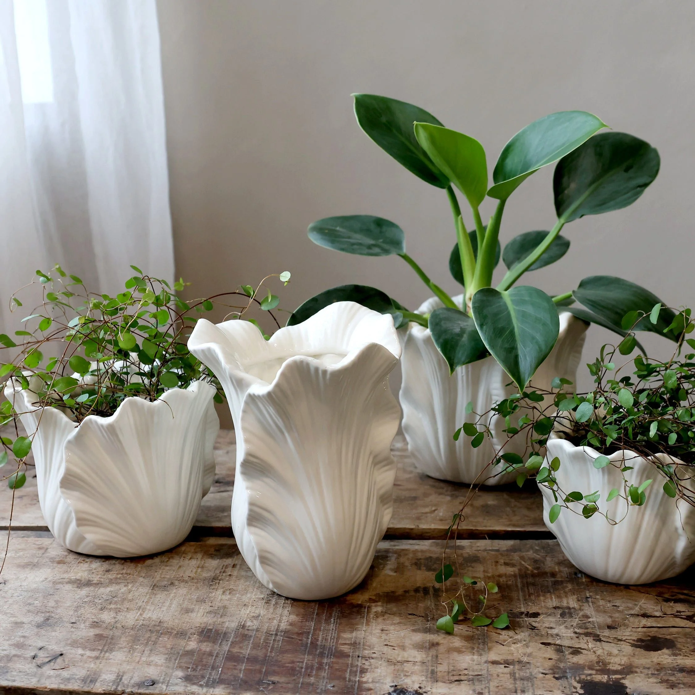 CHIC ANTIQUE Fayence Vase Blumentopf mit Blättern in Creme