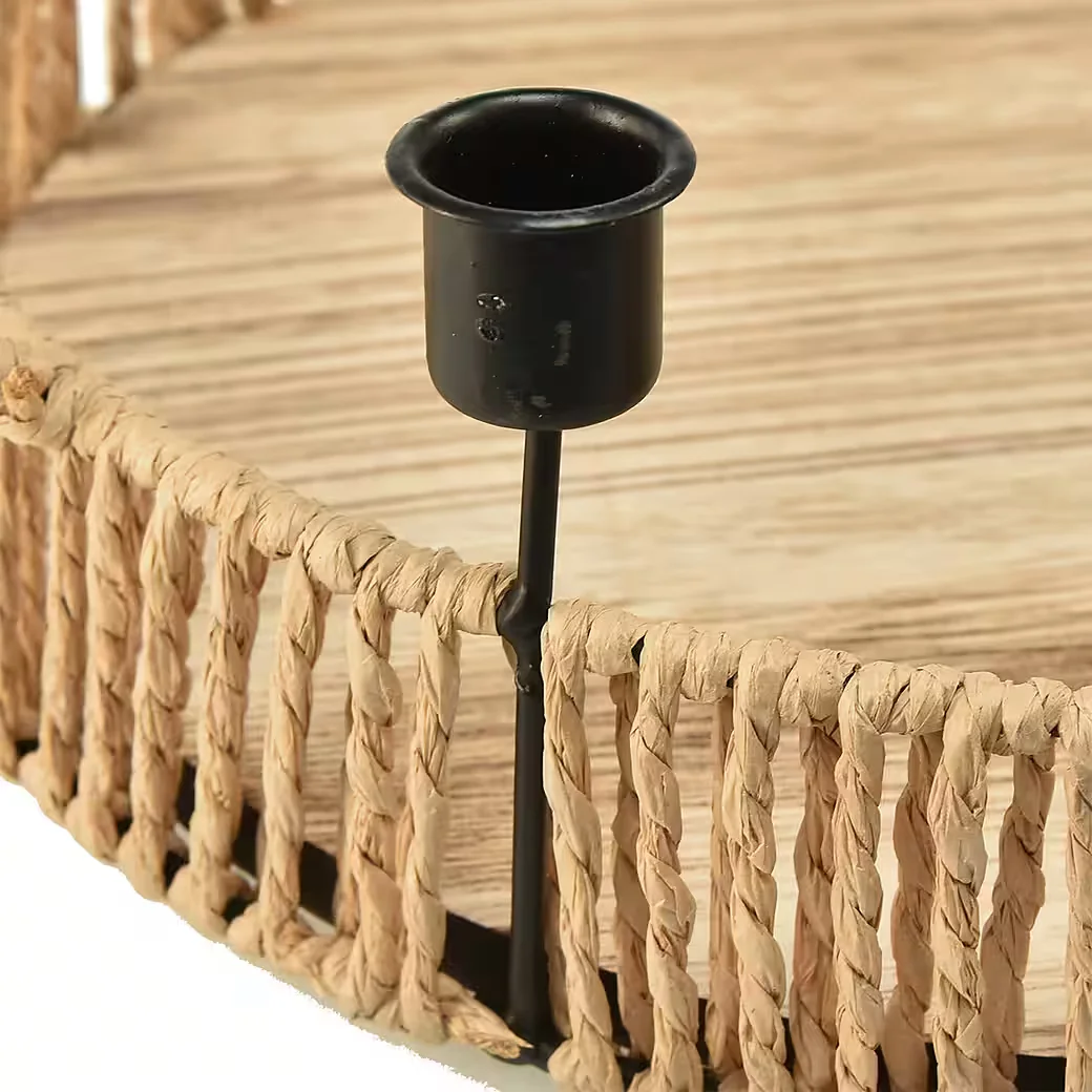 FLORISTS PRODUCTS Dekotablett Holz Natur 30 cm 4 schwarze Kerzenhalter