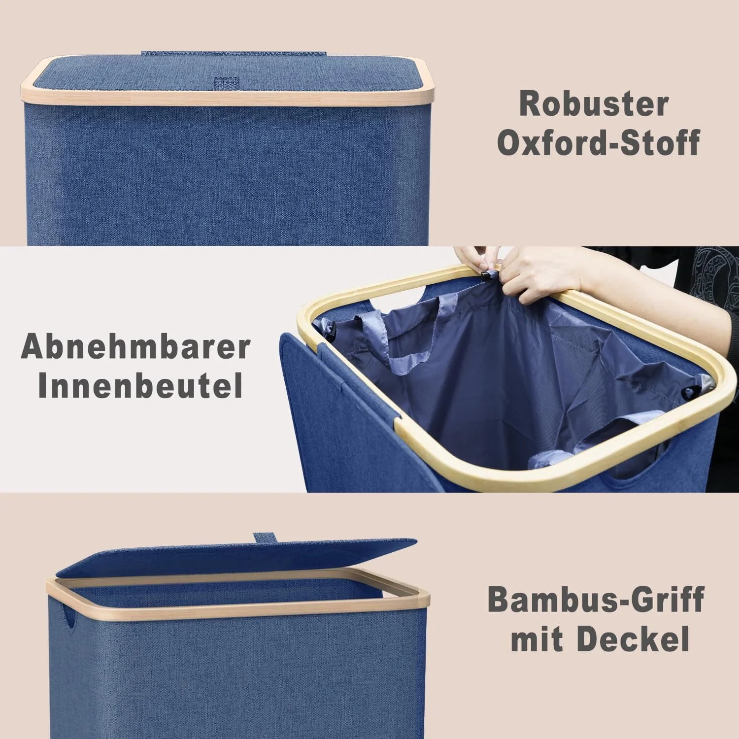 KOWDOM Wäschekorb schmal 100L mit Bambusdeckel und Wäschesack