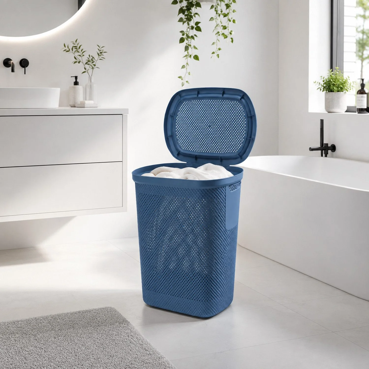 MOJAWO Wäschekorb Wäschebox mit Deckel 58L Blau