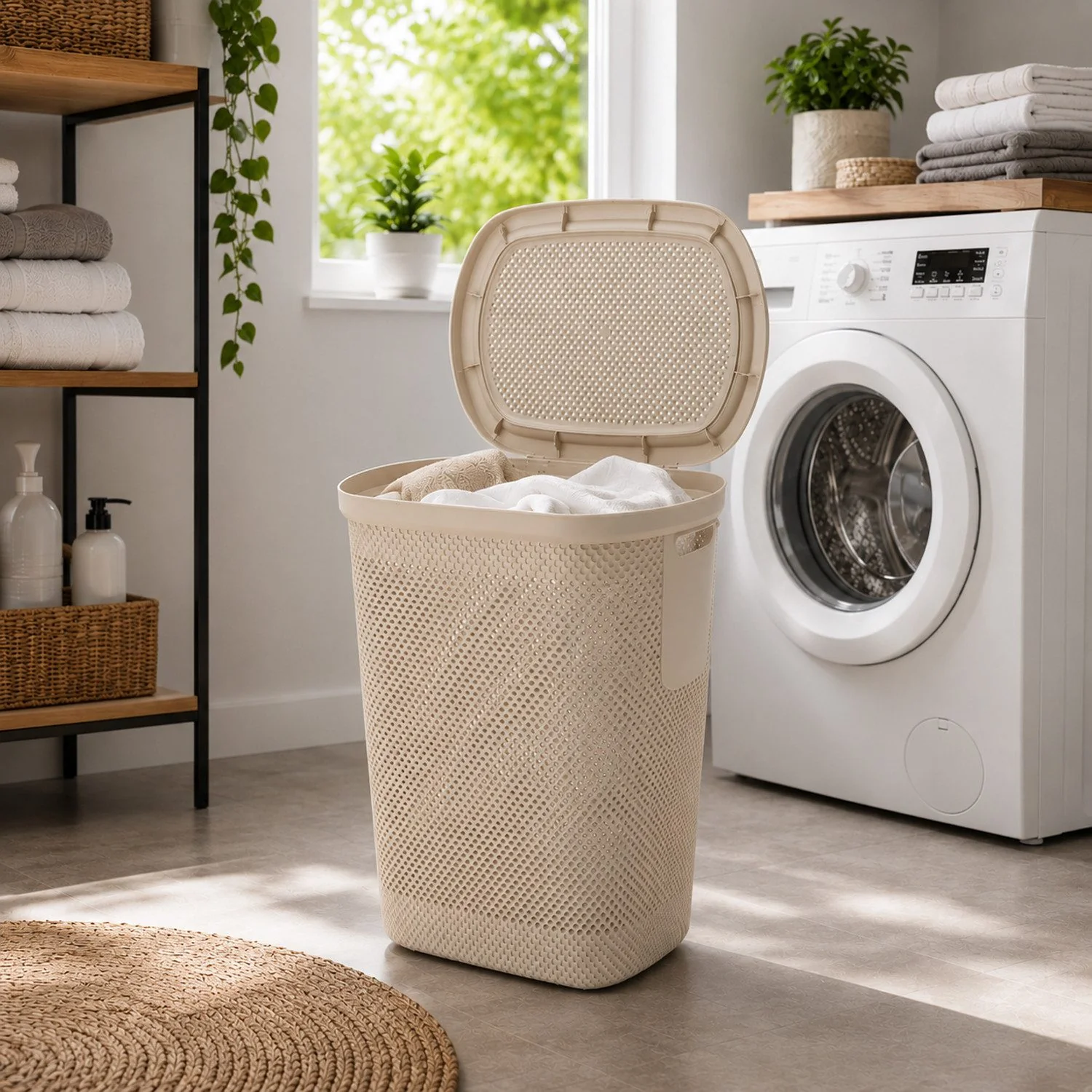 MOJAWO Wäschekorb mit Deckel 58L Beige Wäschebox