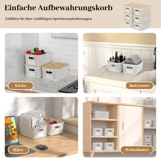 Aufbewahrungsbox 6er-Set Aufbewahrungskorb mit Bambus Deckel, 5L Kunststoff Korb