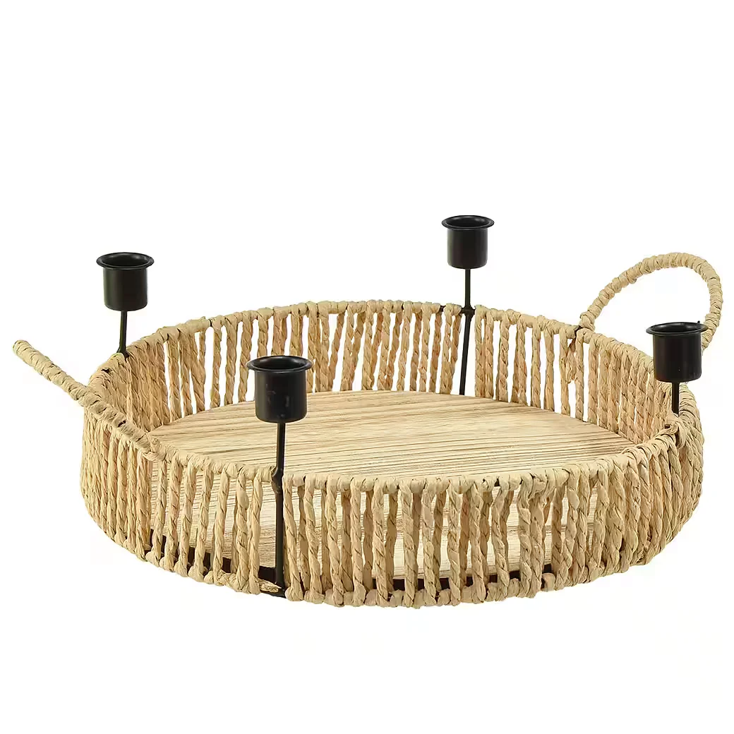 FLORISTS PRODUCTS Dekotablett Holz Natur 30 cm 4 schwarze Kerzenhalter