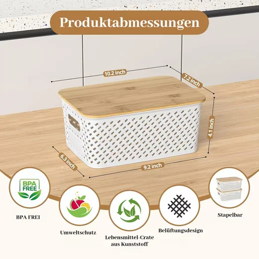 Aufbewahrungsbox 6er-Set Aufbewahrungskorb mit Bambus Deckel, 5L Kunststoff Korb