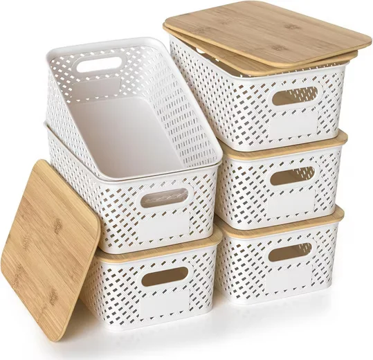 Aufbewahrungsbox 6er-Set Aufbewahrungskorb mit Bambus Deckel, 5L Kunststoff Korb