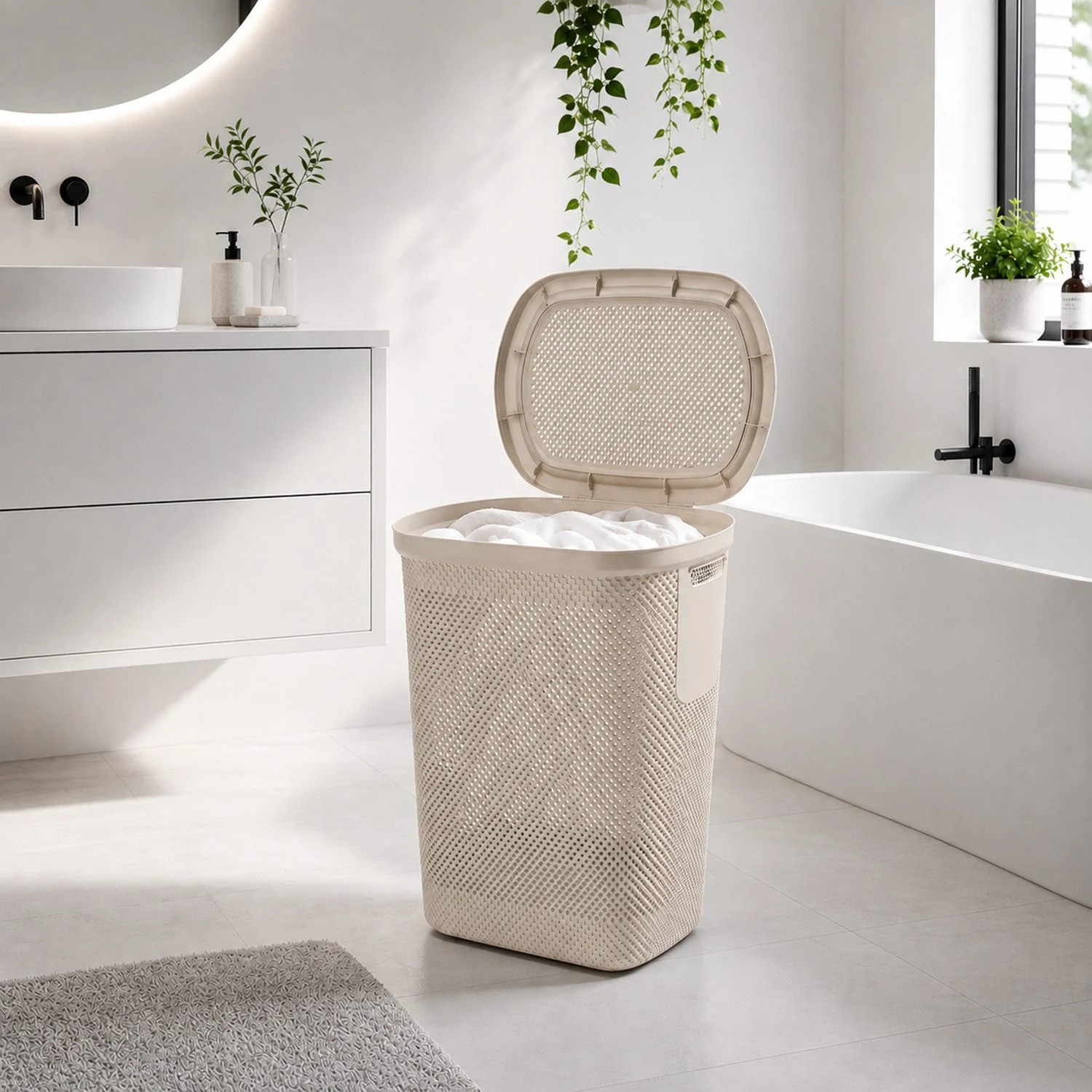 MOJAWO Wäschekorb mit Deckel 58L Beige Wäschebox