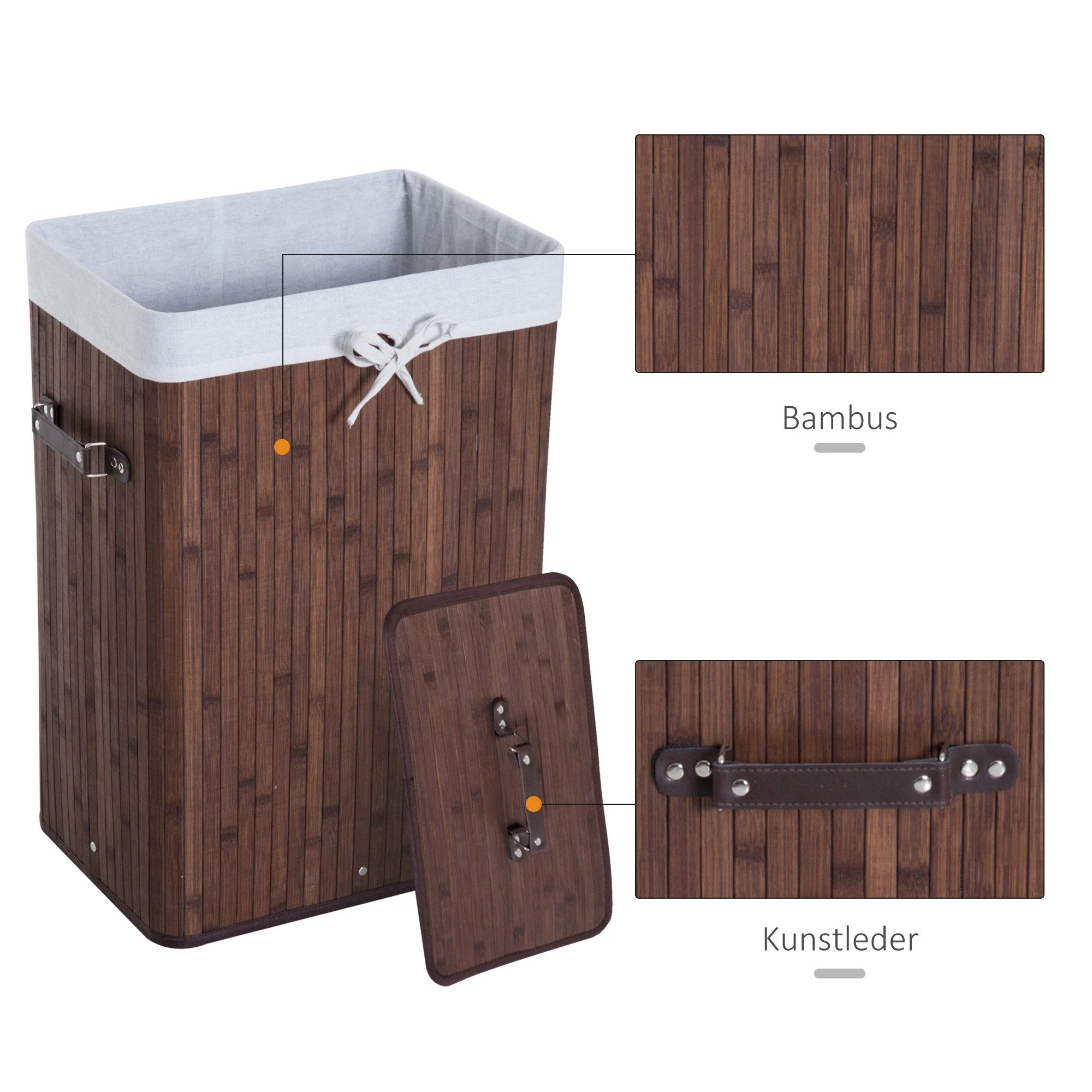FINE LIFE PRO Wäschekorb 72L faltbar mit Deckel Bambuslook dunkelbraun