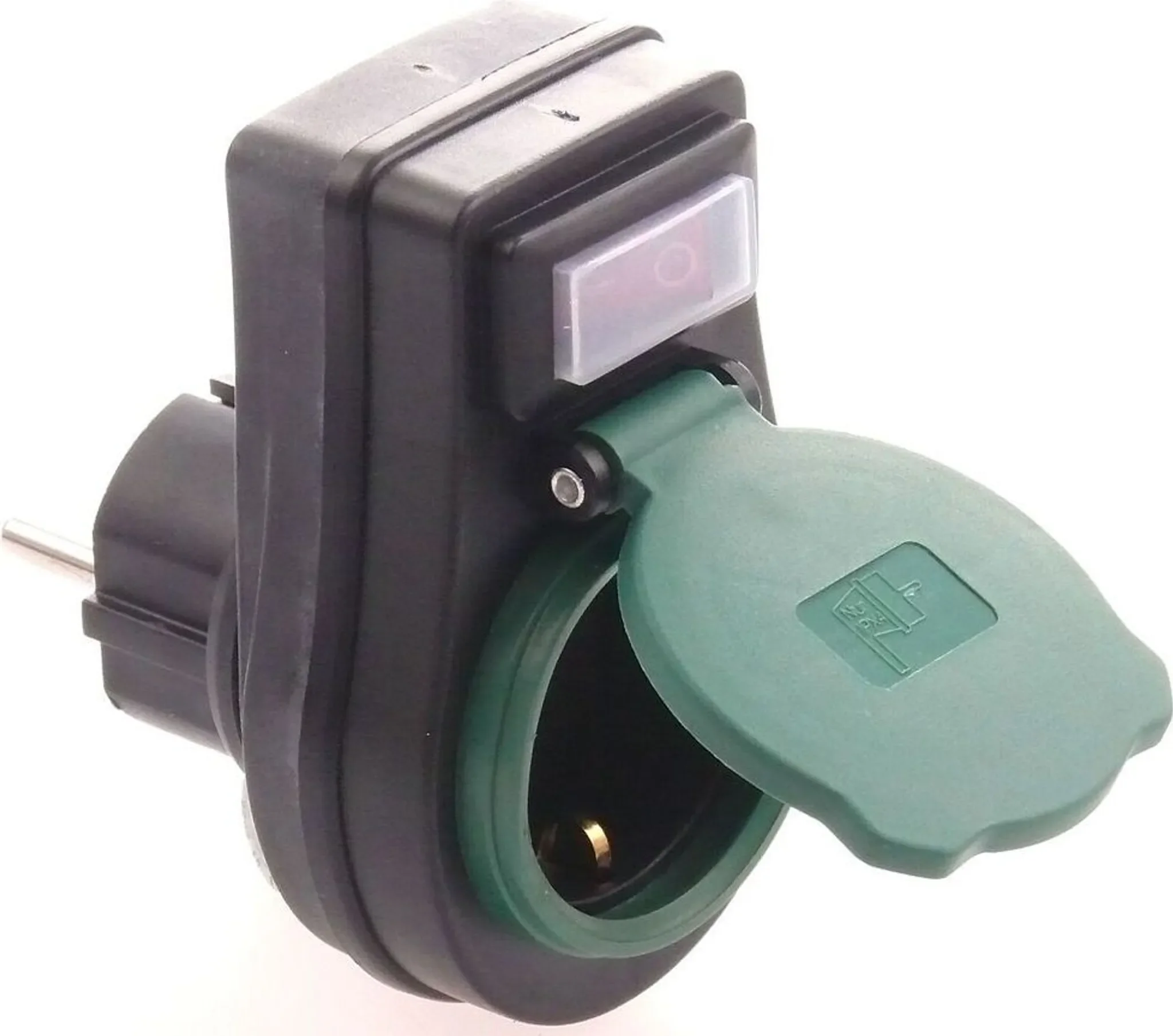 Schuko-Stecker Adapter mit Schalter – Außenbereich, Schwarz-Grün