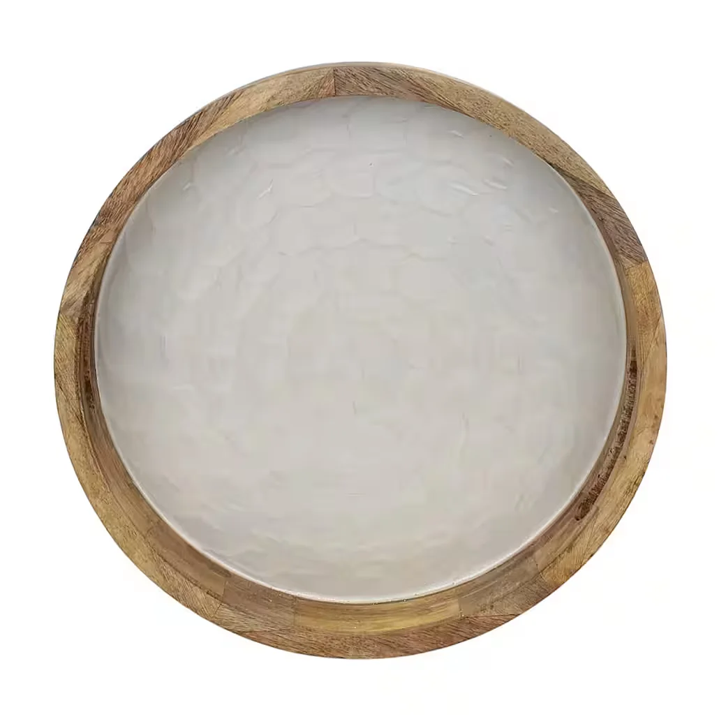 MACOSA HOME Dekotablett Mangoholz Perlmutt rund 35 cm mit Griffen