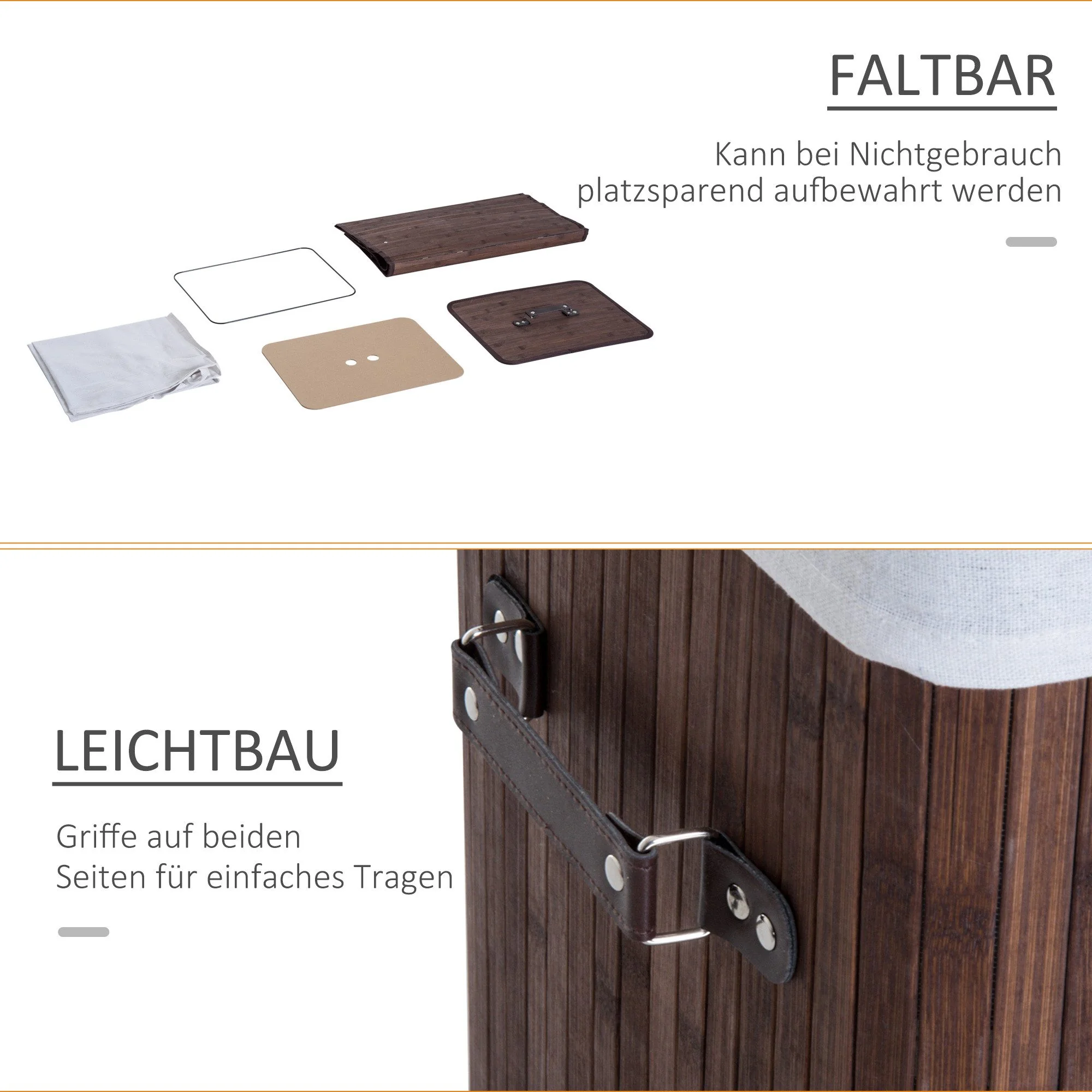FINE LIFE PRO Wäschekorb 72L faltbar mit Deckel Bambuslook dunkelbraun